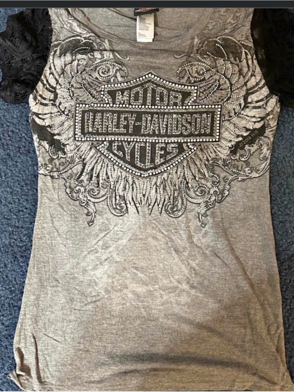 Harley-Davidson Gray Rhinestone Logo Tee with Black Lace Sleeves